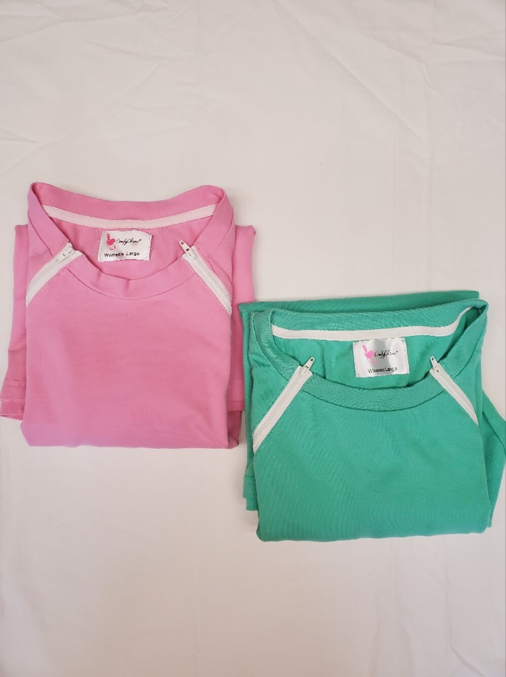 ComfyChemo Port Access Shirt Lot 2 Women Large Pink Green Chemo Infusion Zip Top